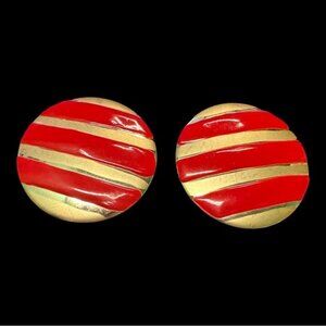 Vintage Gold & Red Enamel Round Clip-On Earrings